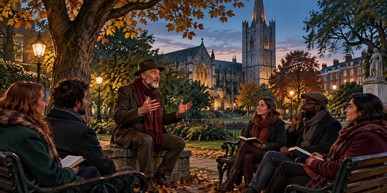 Illustrated Dublin storytellers sharing an evening tale in a leafy city park.