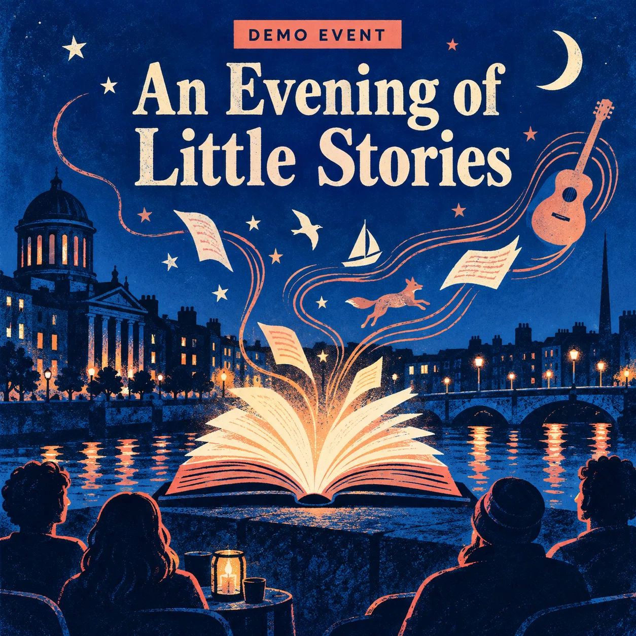 Illustrated fictional storytelling and music night poster, with a glowing book and Dublin evening atmosphere.