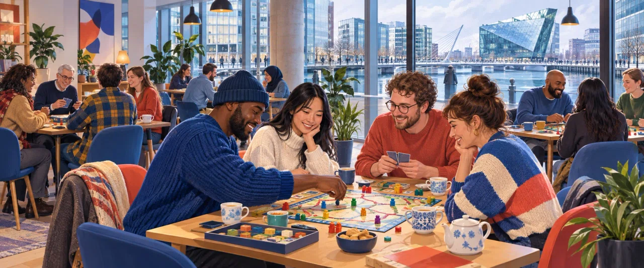 Fictional demo illustration of friends playing tabletop games in a bright modern room by Dublin Docklands.