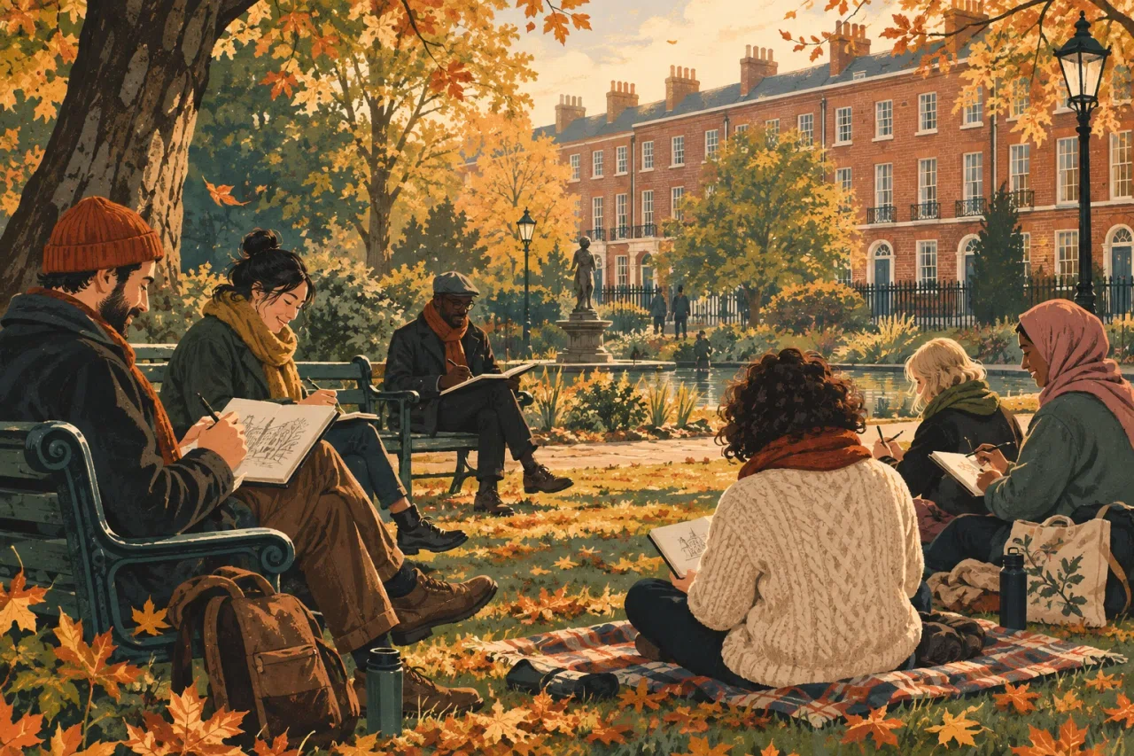 Illustrated autumn sketchbook meetup in a Dublin Georgian park, with people drawing among golden trees.