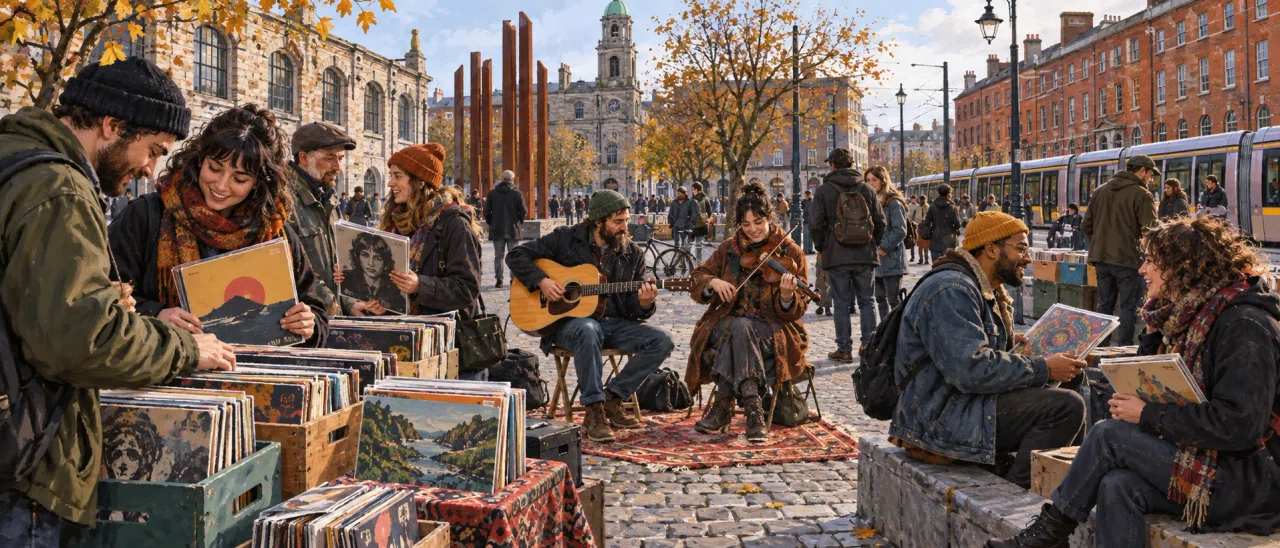 Fictional demo illustration of neighbours sharing and browsing colourful vinyl records at Smithfield Square.