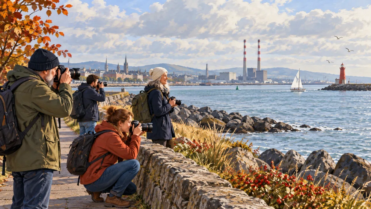 Illustrated group photographing Dublin Bay with Poolbeg Lighthouse on the horizon.